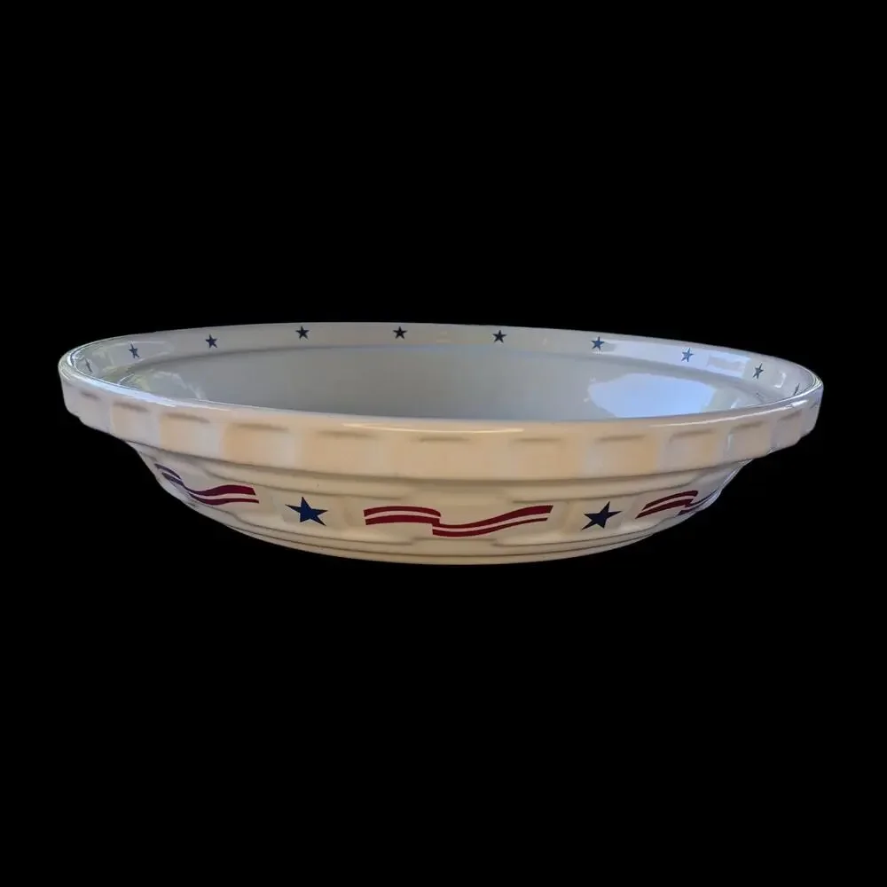 Longaberger Pottery All American Blue Stars & Red Stripes 10 1/2“ Deep Pie Plate